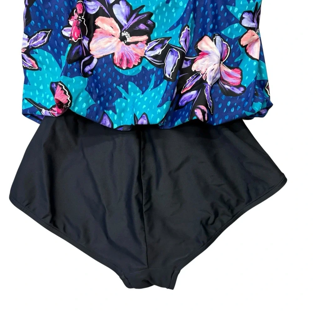 Maxine Of Hollywood Womens Swimsuit 16 One Piece Black Blue Floral Modest Mature